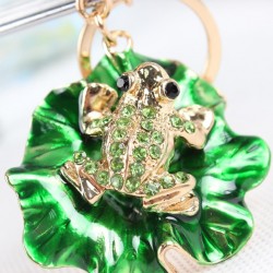 Frog & green lotus leaf - crystal keychainKeyrings