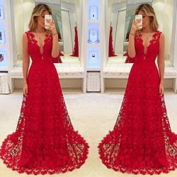 Kvinnor sommaren sexig ärmlös v-hals lång klänning - damafest formella solida röda spetsklänningar