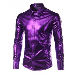purple coated metallic night club wear shirt - men long sleeve button down mens dress shirt shiny elastic chemise hommeT-shirts