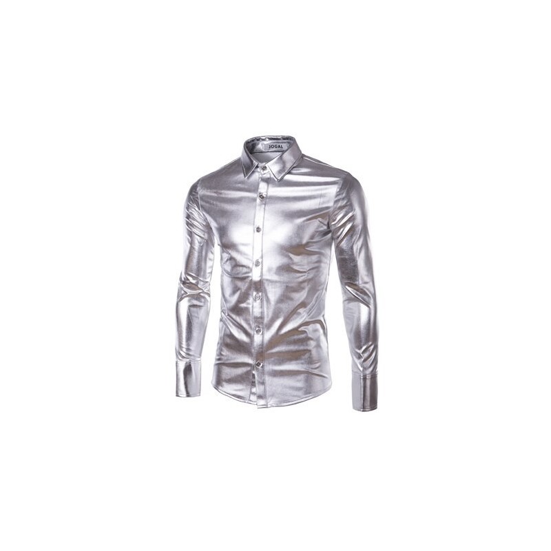 lila belagd metallisk nattklubb bär skjorta - män lång ärmknapp ner män klänning skjorta glänsande elastisk chemise homme