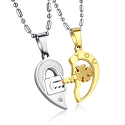 I Love You - four-leaf key & heart - stainless steel necklace 2 piecesNecklaces