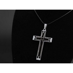 Dubbel hollow-out rostfritt stålkors - läderhalsband