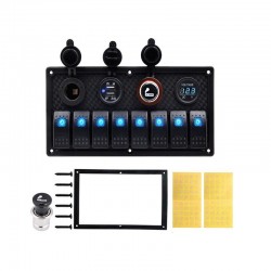 8-gang rocker switch panel - 12 - 24V - USB - LED - cigarettändare socket - vattentät