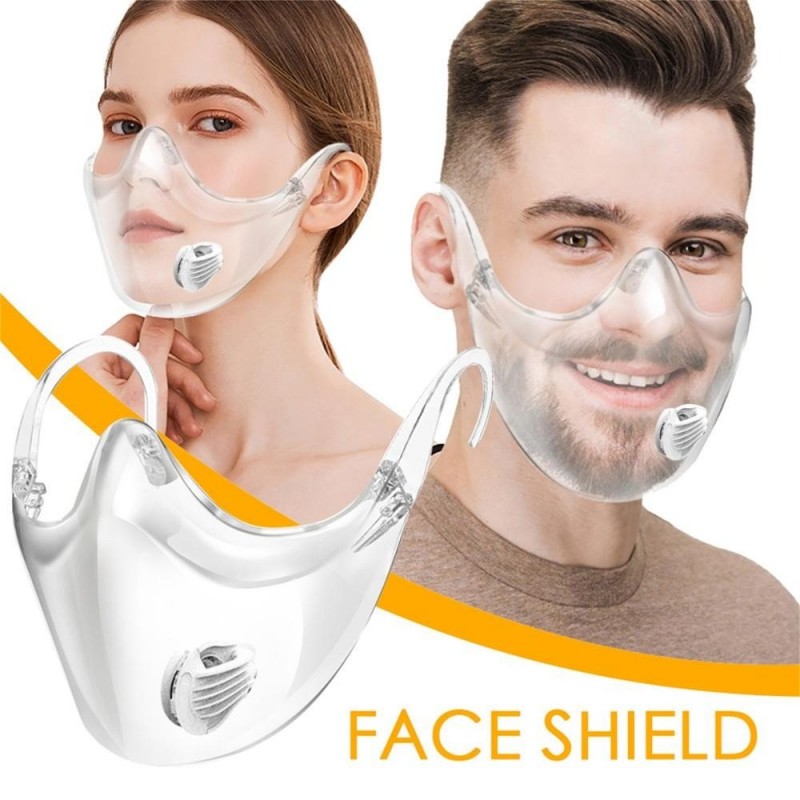Skyddande transparent mun / ansiktsmask - plastsköld med luftventil - återanvändbar