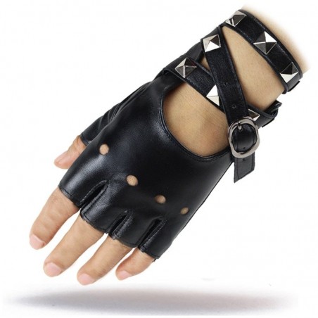 Halv finger läderhandskar - med riveter & spänne - Rock / Punk stil
