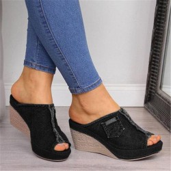 High Heels - Denim Slippers - Svart - Blå