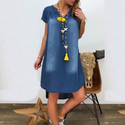 Kort ärm denim klänning - V-neck - lös design