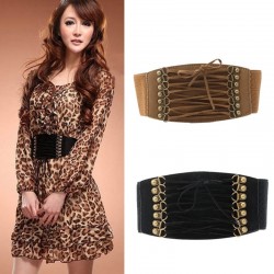 Retro belt - wide buckle and strings - elastic leather corsetBelts