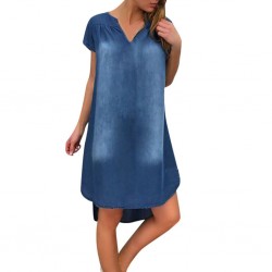 Kort ärm denim klänning - V-neck - lös design