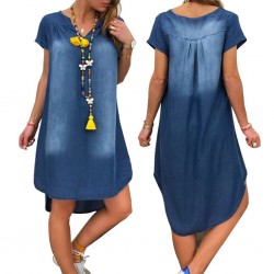 Kort ärm denim klänning - V-neck - lös design