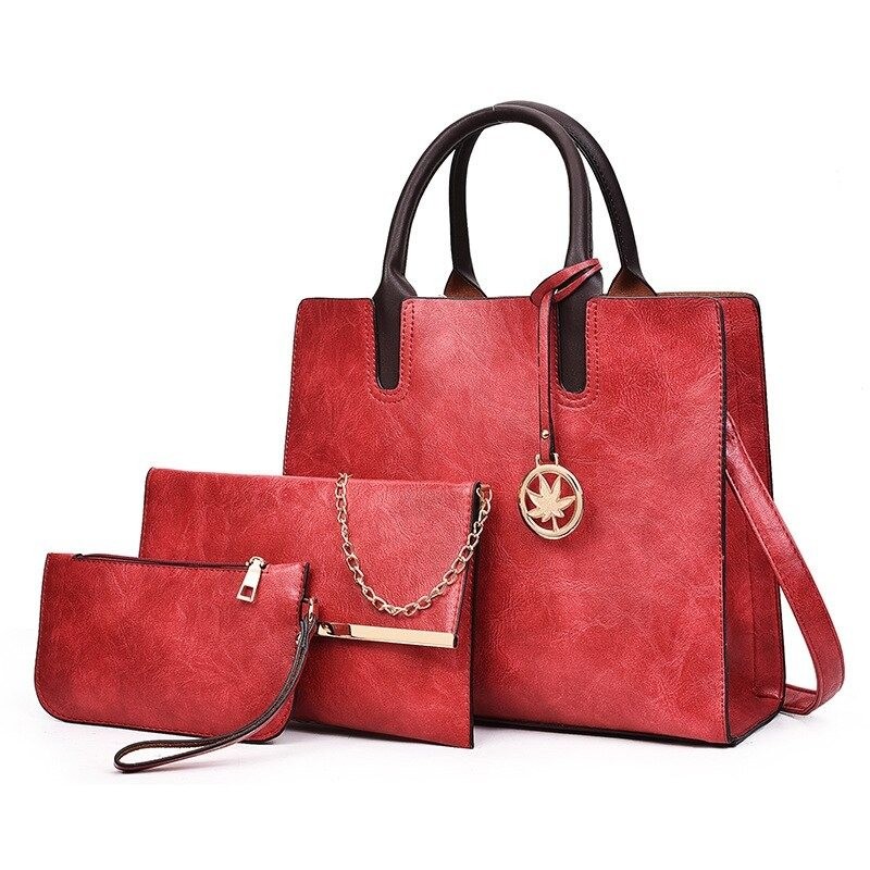 Women's leather handbag set with hemp logo - with messenger bag and purse - 3pcs
