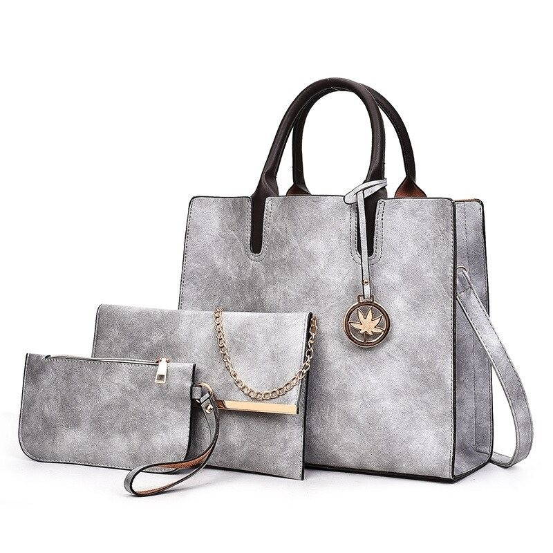 Women's leather handbag set with hemp logo - with messenger bag and purse - 3pcs