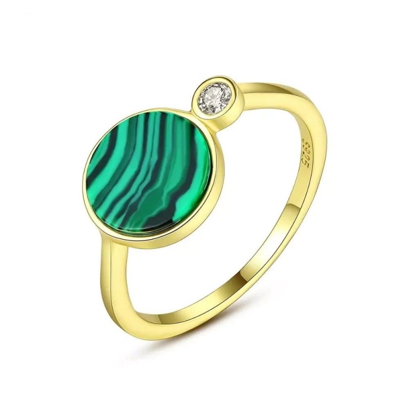 Fashionable gold ring with green malachite & crystal - 925 sterling silverRings