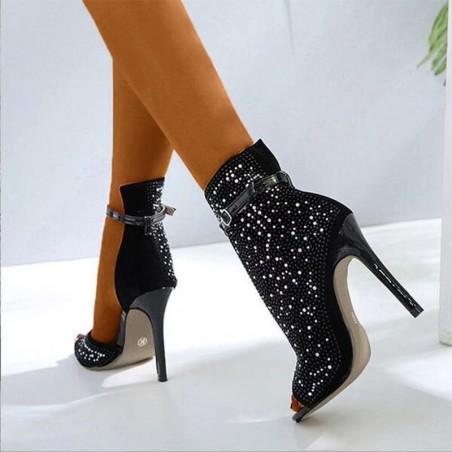 Black glitter ankle high heels - with an ankle strap - half open designHigh heels