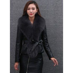 Leather fur coat - with fluffy collar