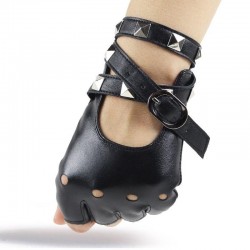 Halv finger läderhandskar - med riveter & spänne - Rock / Punk stil