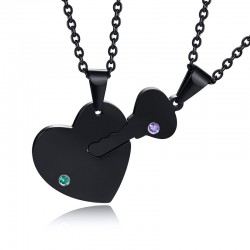 Heart key puzzle - necklace - customizable names - couple - with birthstones