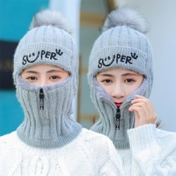 Winter knitted hat with zipper - face warmer - balaclava - pompoms cap