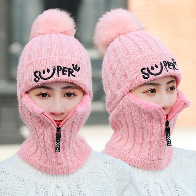 Winter knitted hat with zipper - face warmer - balaclava - pompoms cap