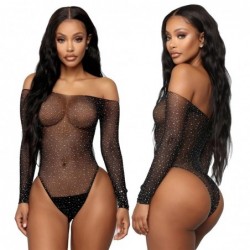 Sexy fishnet - see through body - long sleeve - off shoulders - with rhinestonesLingerie