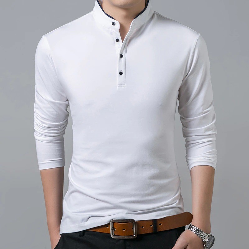 Long sleeve shirt / t-shirt - with buttoned collar - cottonT-shirts