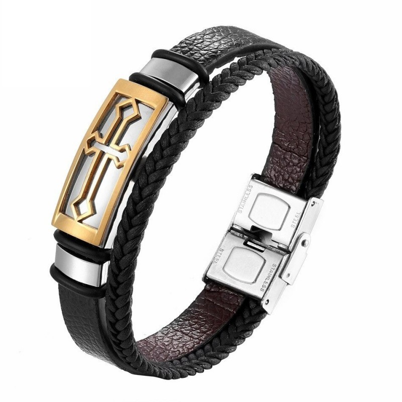 Vintage cross bracelet - stainless steel / leather - with metal claspBracelets