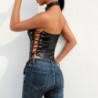 Sexy leather halter top - backless - zig zag lace