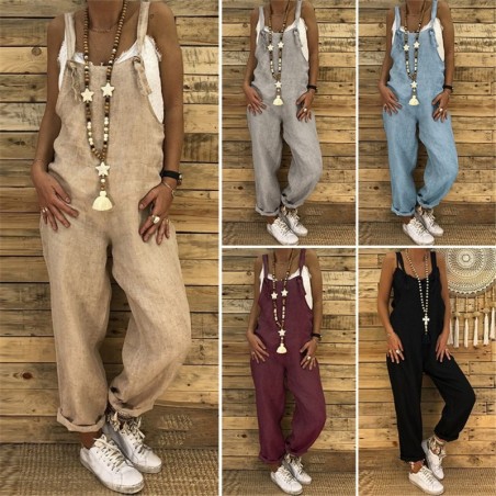 2021 Women Casual Jumpsuits Vintage Linen Solid Rompers Lace Up Strappy Loose Wide Leg Dungarees Bib Overalls Female Playsuits