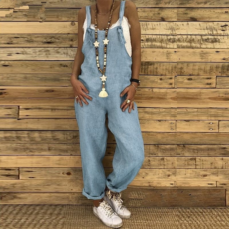 2021 Women Casual Jumpsuits Vintage Linen Solid Rompers Lace Up Strappy Loose Wide Leg Dungarees Bib Overalls Female Playsuits