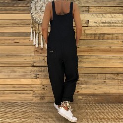 2021 Women Casual Jumpsuits Vintage Linen Solid Rompers Lace Up Strappy Loose Wide Leg Dungarees Bib Overalls Female Playsuits