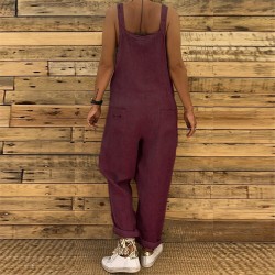 2021 Women Casual Jumpsuits Vintage Linen Solid Rompers Lace Up Strappy Loose Wide Leg Dungarees Bib Overalls Female Playsuits