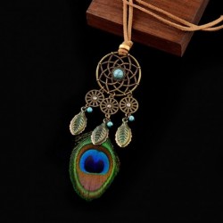Long necklace with peacock feather - dreamcatcher - leather ropeNecklaces