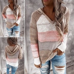 Autumn and winter ladies' new sweaters are best selling multicolor stitching hooded sweater pullover tops