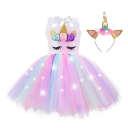Girl Unicorn Dresses for Girls Tutu Princess Party Dresses with LED Lights Flower Birthday Party Cosplay Costume Girls Clothing