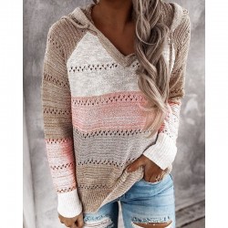 Autumn and winter ladies' new sweaters are best selling multicolor stitching hooded sweater pullover tops