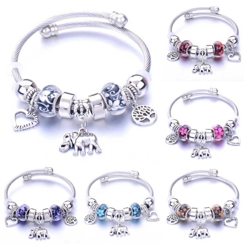 Elegant bracelet - with charms - elephant / beads / heart / feather / crystal flowers Elegant bracelet - with charms - elephant / beads / heart / feather / crystal flowers