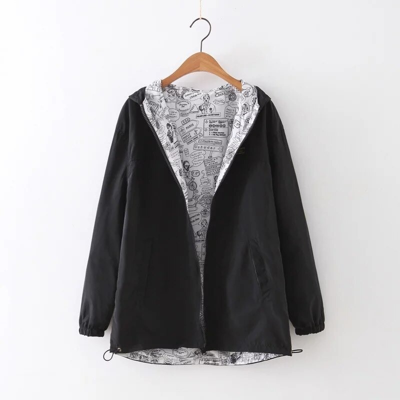 Spring / autumn hooded jacket - two sided - with zipper - cartoon print