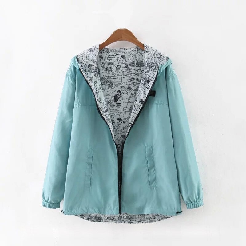 Spring / autumn hooded jacket - two sided - with zipper - cartoon print