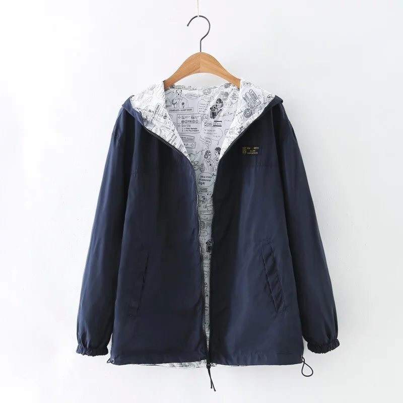 Spring / autumn hooded jacket - two sided - with zipper - cartoon print