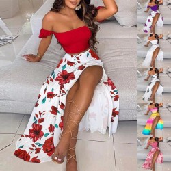 Sexy women's set - long skirt / off shoulder top - floral printDresses