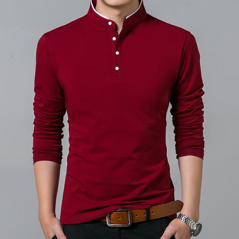 Elegant t-shirt - long sleeve - mandarin collar with buttons - cottonT-shirts