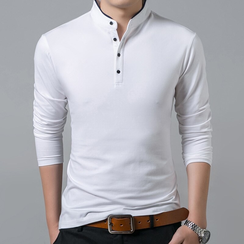 Elegant t-shirt - long sleeve - mandarin collar with buttons - cottonT-shirts