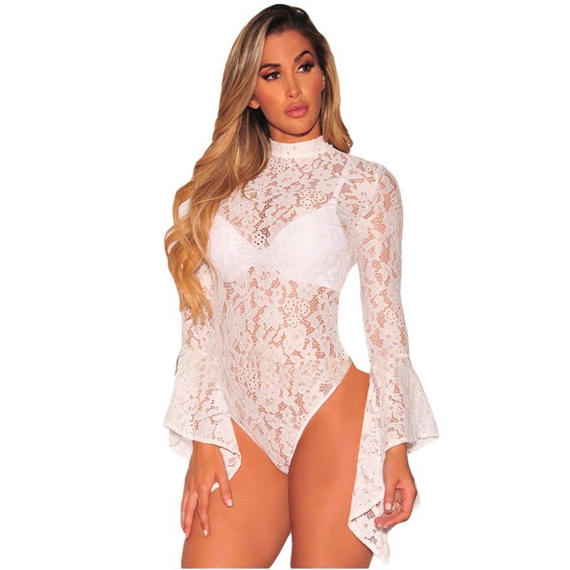 Sexy bodysuit - floral lace - with half turtleneck - long sleeve - open back