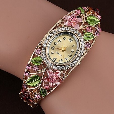 Elegant crystal bracelet - with a watch - colorful flowers - hollow out design