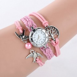 Retro multilayer bracelet with a watch - birds / tree of life