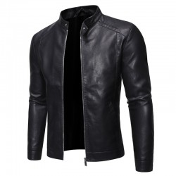 Fashionable men's leather jacket - stand-up collar - with a zipperJackets