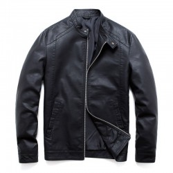 Fashionable men's leather jacket - stand-up collar - with a zipper