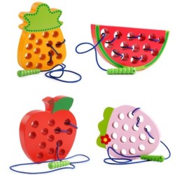 Montessori pedagogisk leksak - träpussel - mask äter frukt - äpple / päron / vattenmelon