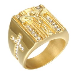 Luxurious gold ring - with Jesus / cross / white cubic zirconia - unisex