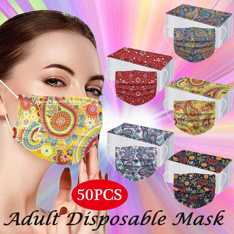 Skyddande ansikts-/munmasker - engångs - 3-lagers - för vuxna - blomtryck - 50 stycken